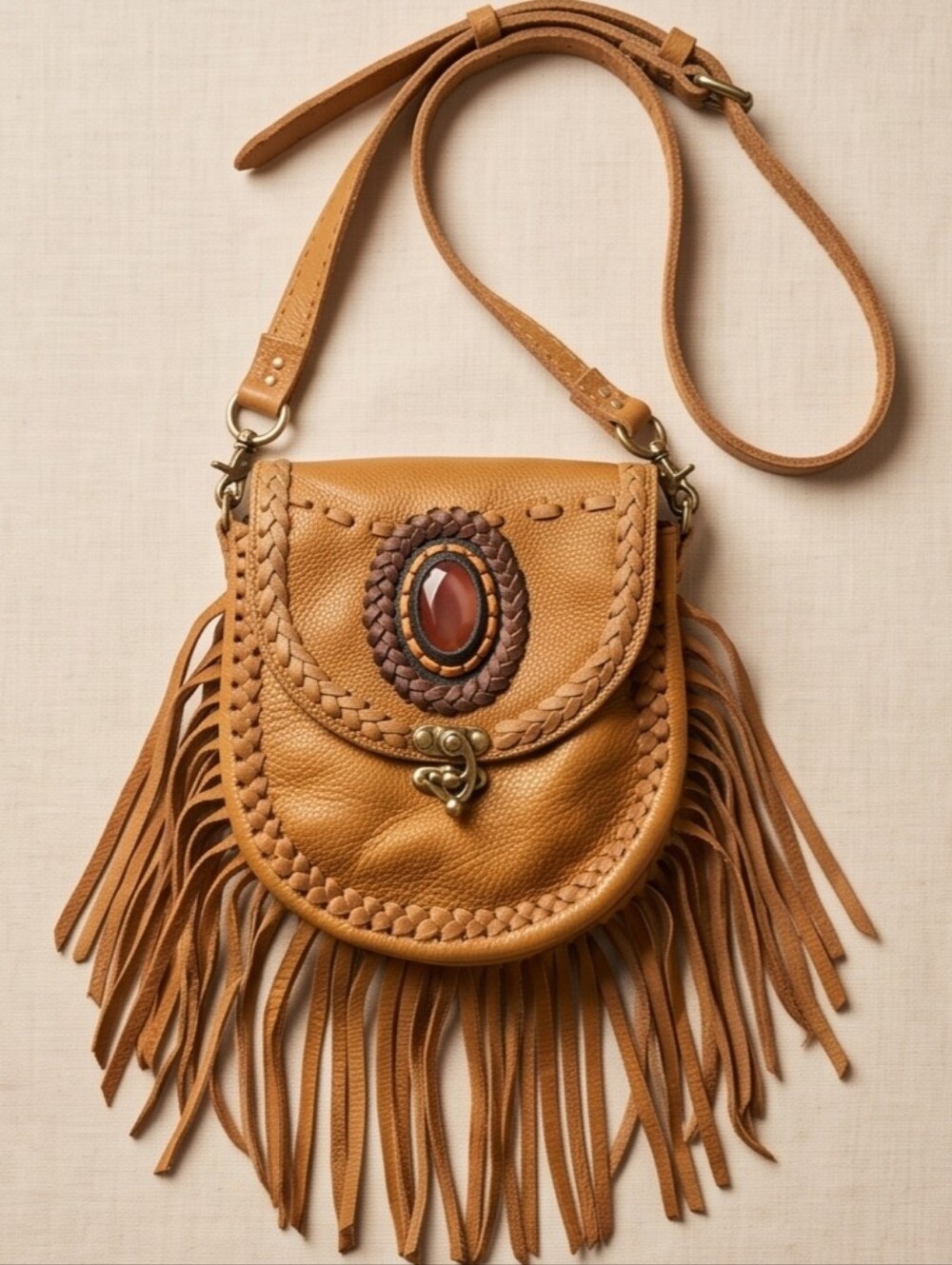 Fringed Saddle Crossbody Bag in Cognac